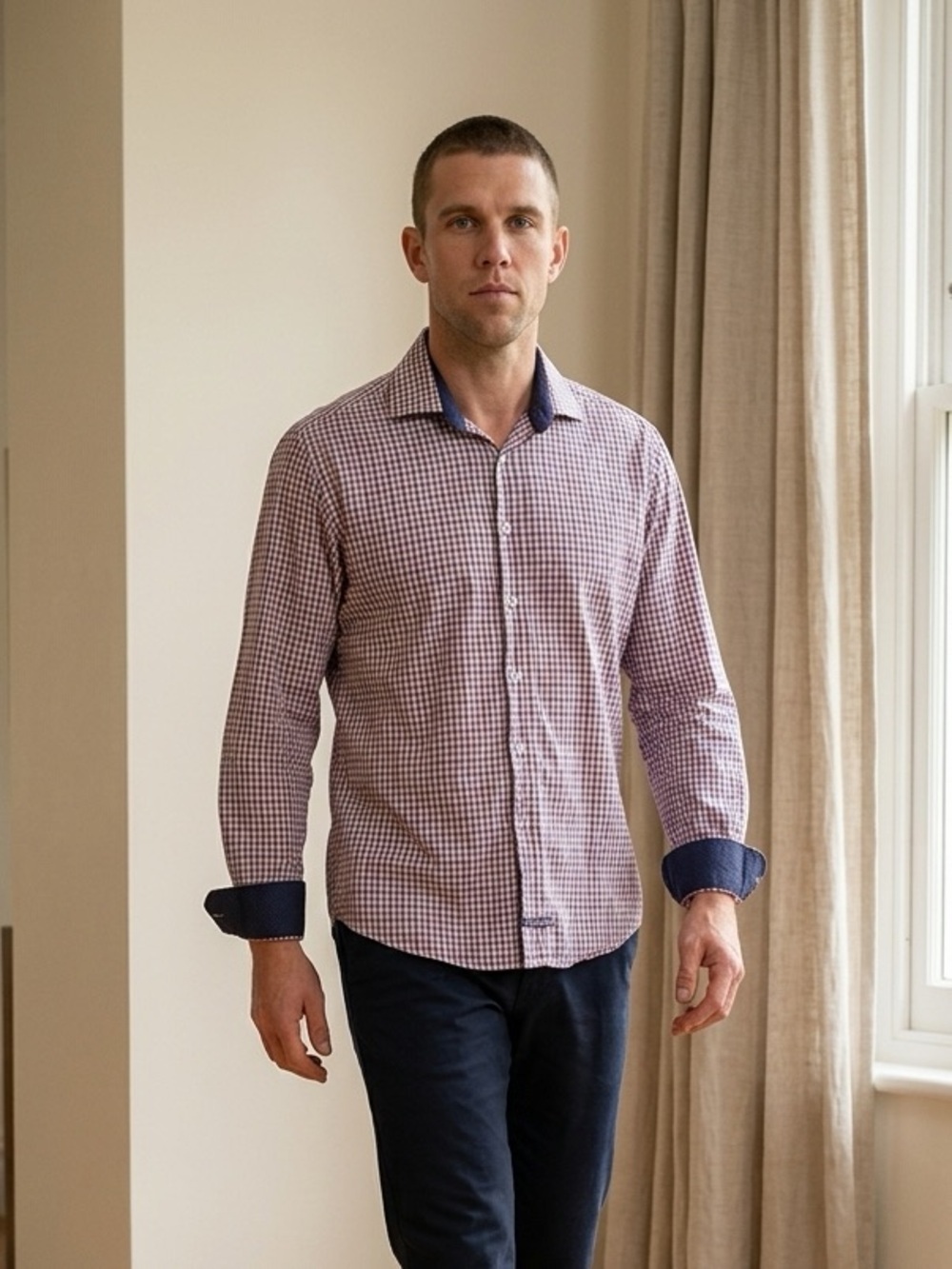 men's long-sleeve, button-down dress shirt with a gingham pattern - Picture 1 of 13
